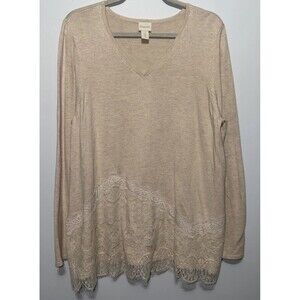 Chicos Asymmetrical Lace Hilary Top Sweater Beige Long Sleeves Sz 2 Large